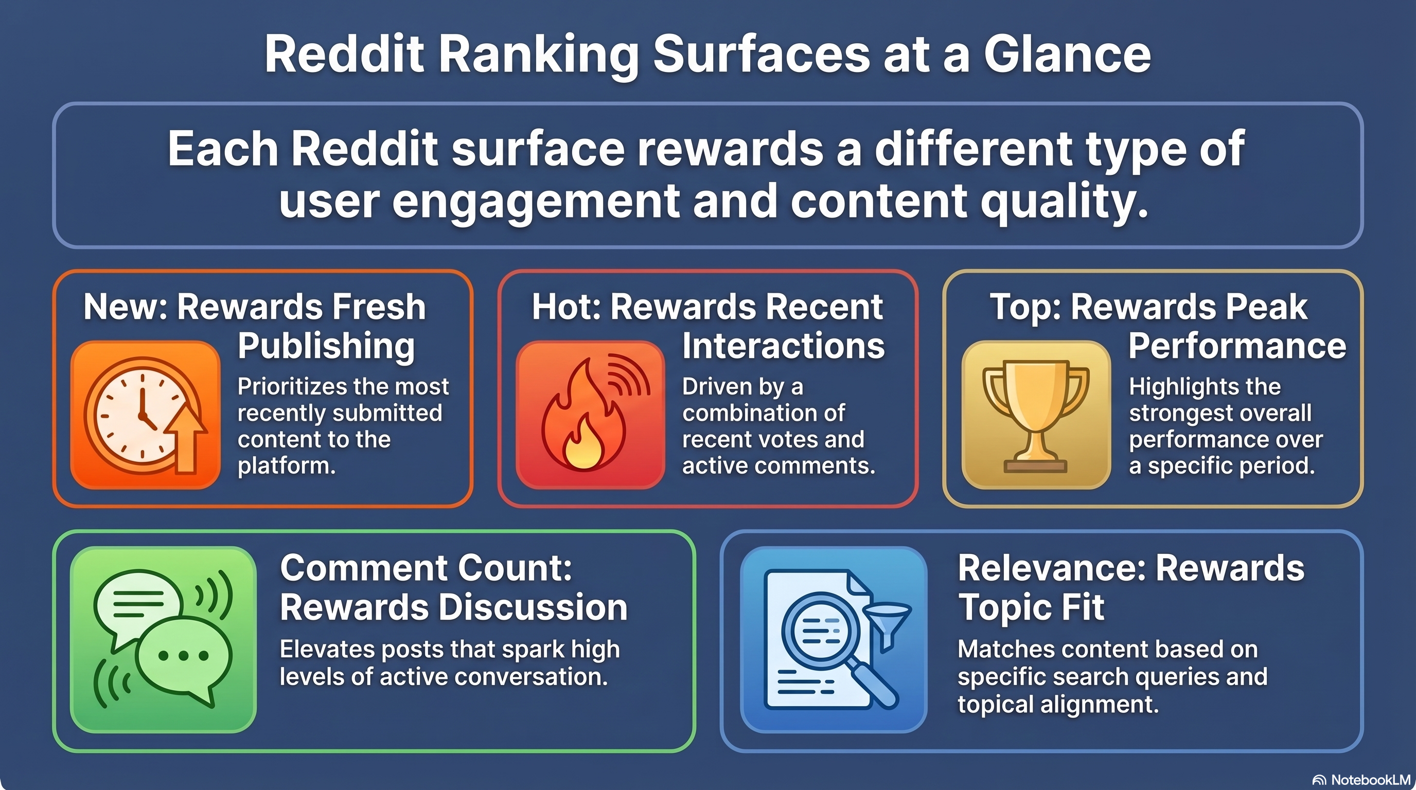 Infographic explaining Reddit ranking surfaces and what each one favors