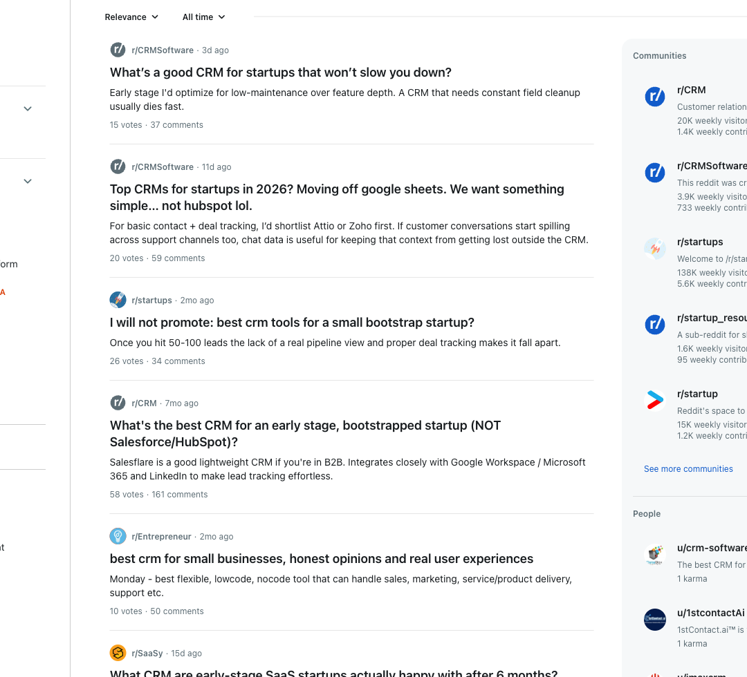 Reddit search results showing repeated comparison and recommendation threads across closely related communities