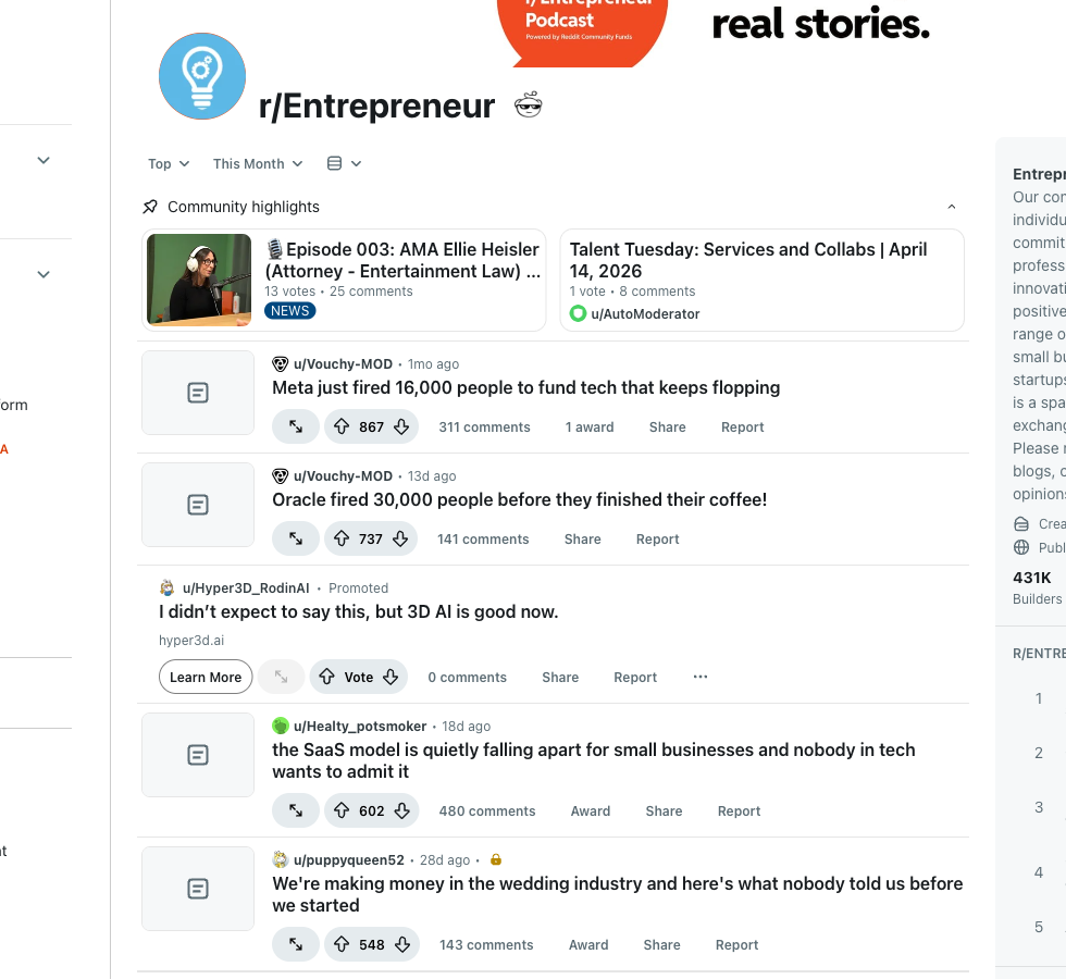 Reddit subreddit screenshot showing the Top sort, monthly time range, and several high-performing threads with large comment counts