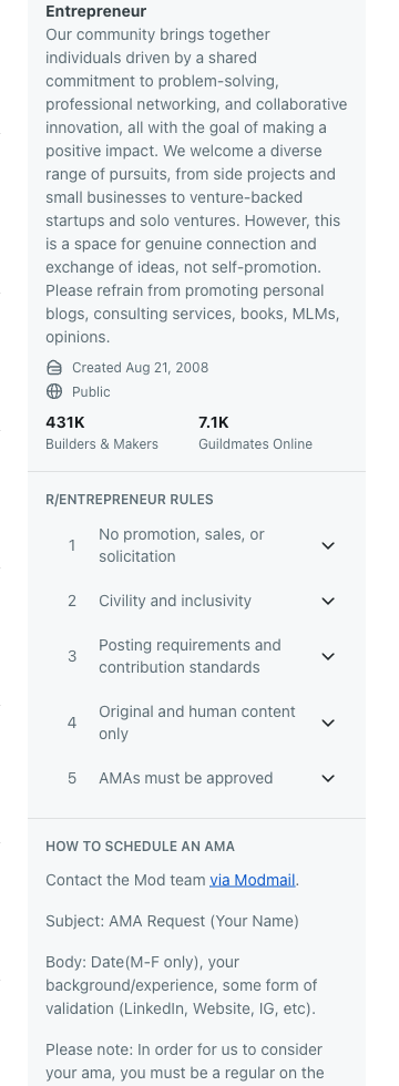Screenshot of the r/Entrepreneur community sidebar on new Reddit showing the community description and rules list used to verify topic fit and posting requirements before publishing