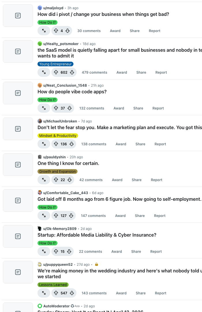 Screenshot of the r/Entrepreneur feed on new Reddit showing recurring top post titles, tags, and comment counts used to judge tone, format, and effort level