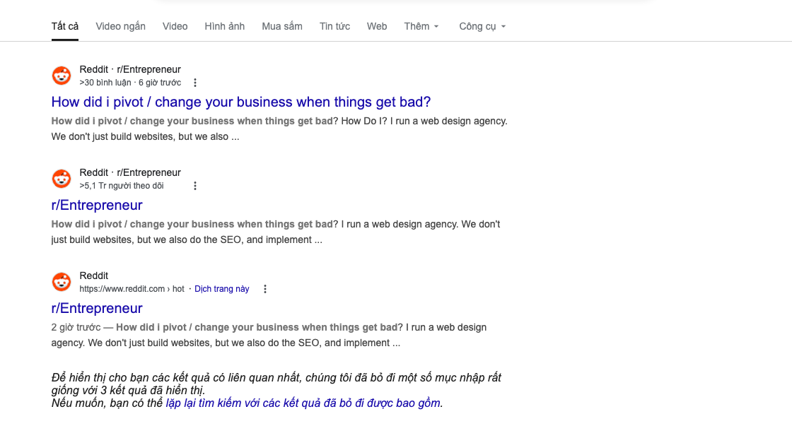 Google results page showing Reddit results for a discussion-oriented query