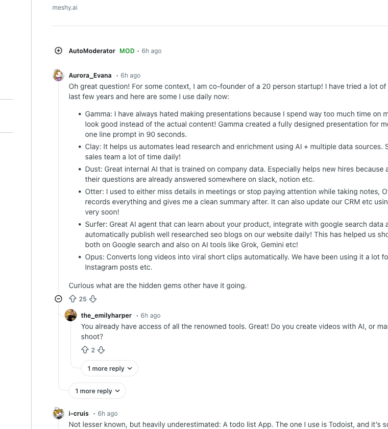Reddit thread screenshot showing a tools discussion with detailed replies naming specific products and use cases